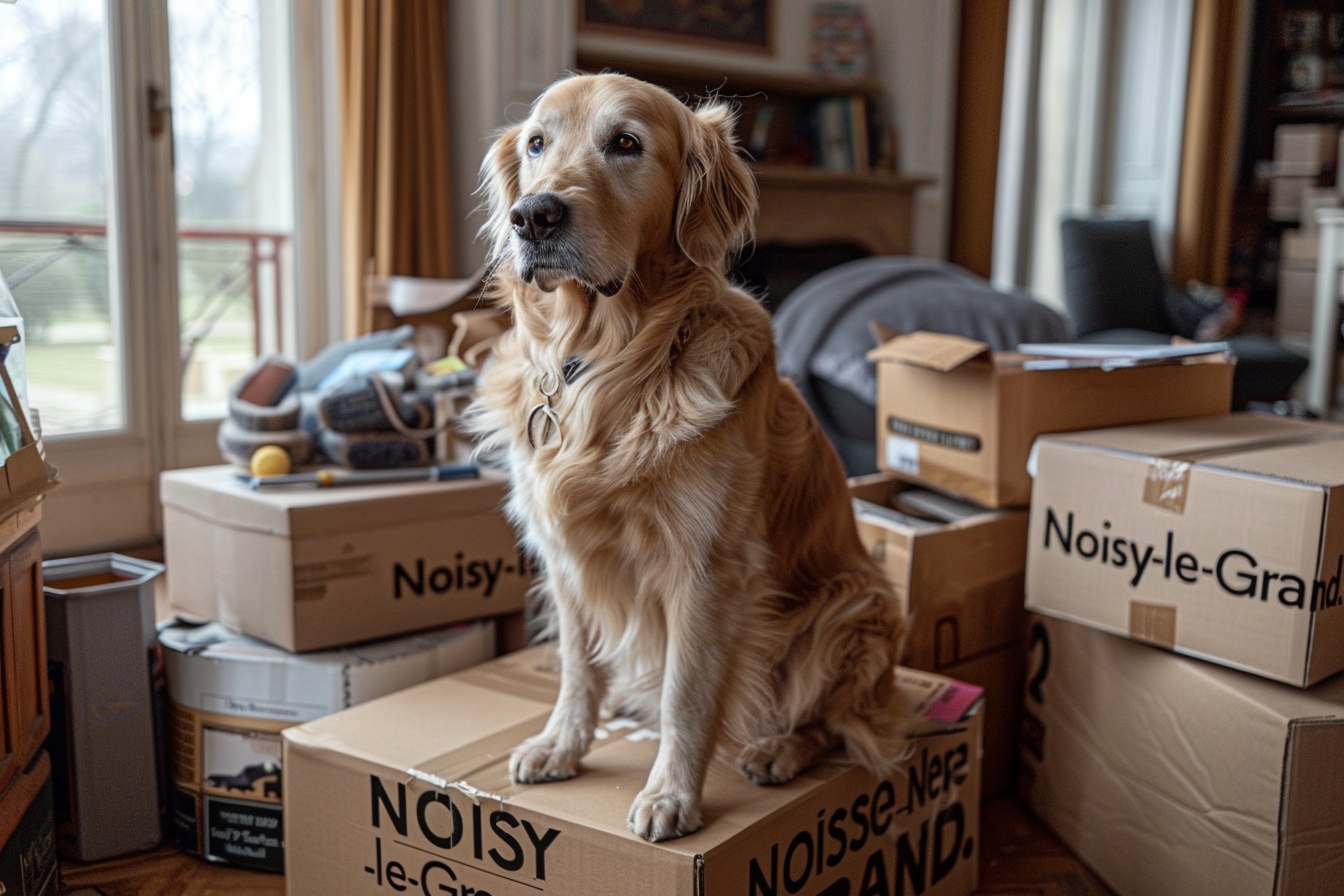 Alt d'image: "Vieux chien se reposant confortablement dans sa nouvelle maison à Noisy-le-Grand après un déménagement harmonieux