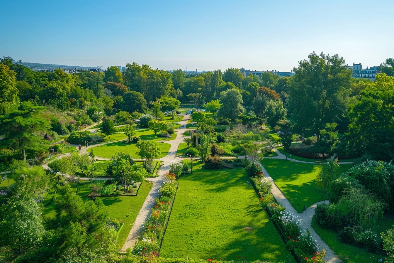 Vue panoramique des espaces verts luxuriants et parcs paisibles à Noisy-le-Grand, illustrant la transition écologique de la ville