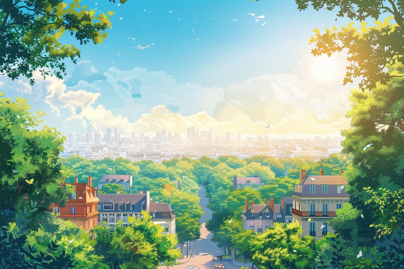 Paysage urbain verdoyant sous ciel ensoleillé.
